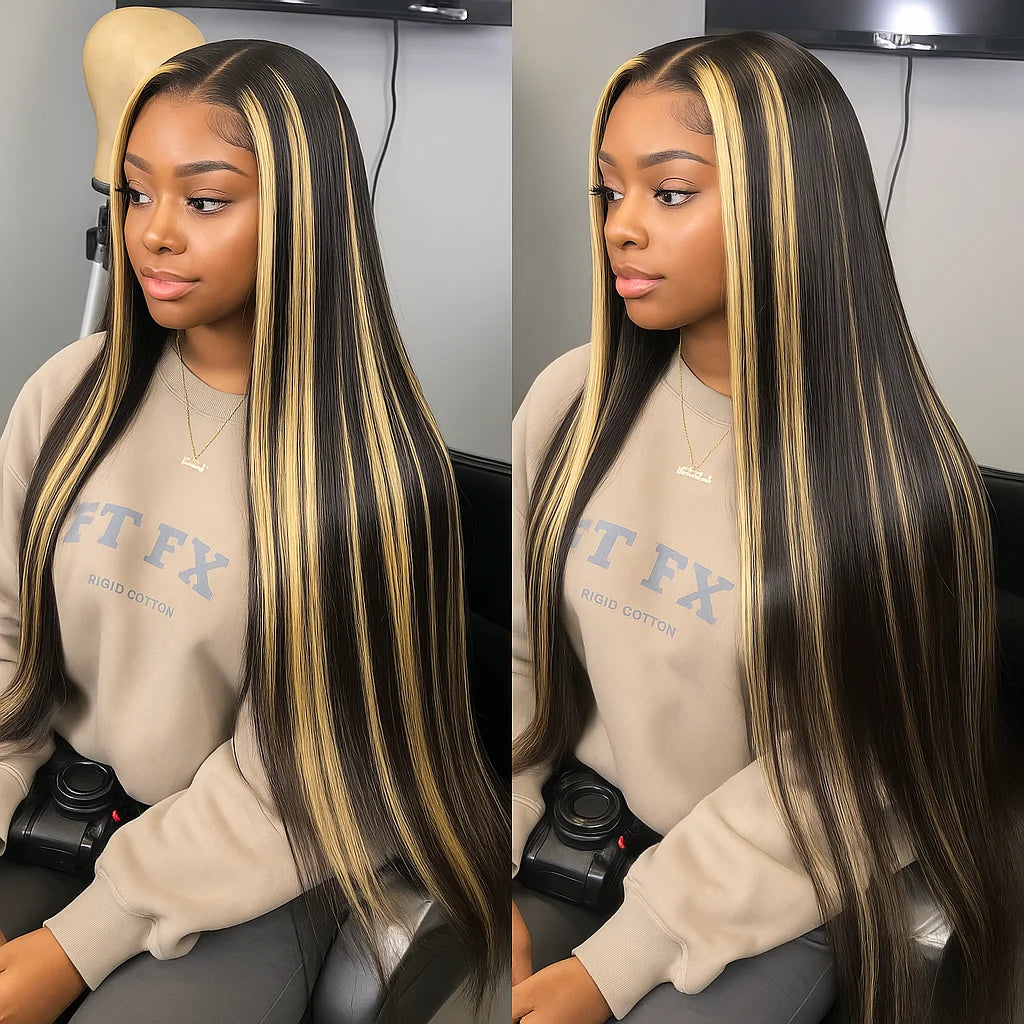 30 Inch Ombre Black With Blonde Highlight 13x4 Bone Straight Wigs Human Hair for Black Women 200 Density 613 Blonde Colored Wigs
