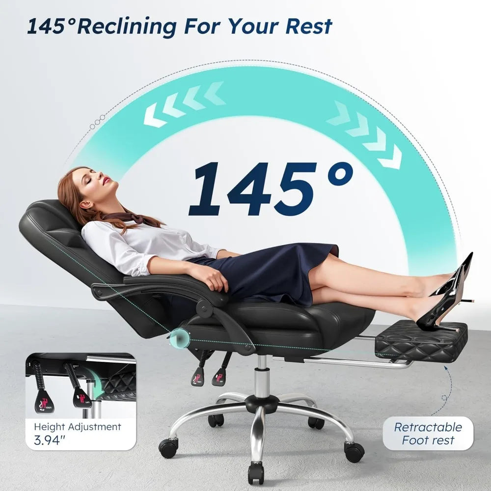 Office Chair with Footrest, Upholstered Ergonomic 145° Reclining Computer Desk Chair with Lumbar Pillow, Height & Armrest Adjust