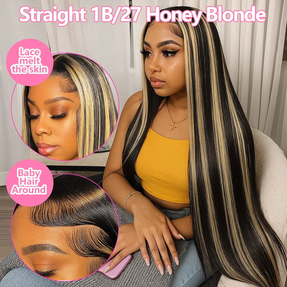 30 Inch Ombre Black With Blonde Highlight 13x4 Bone Straight Wigs Human Hair for Black Women 200 Density 613 Blonde Colored Wigs