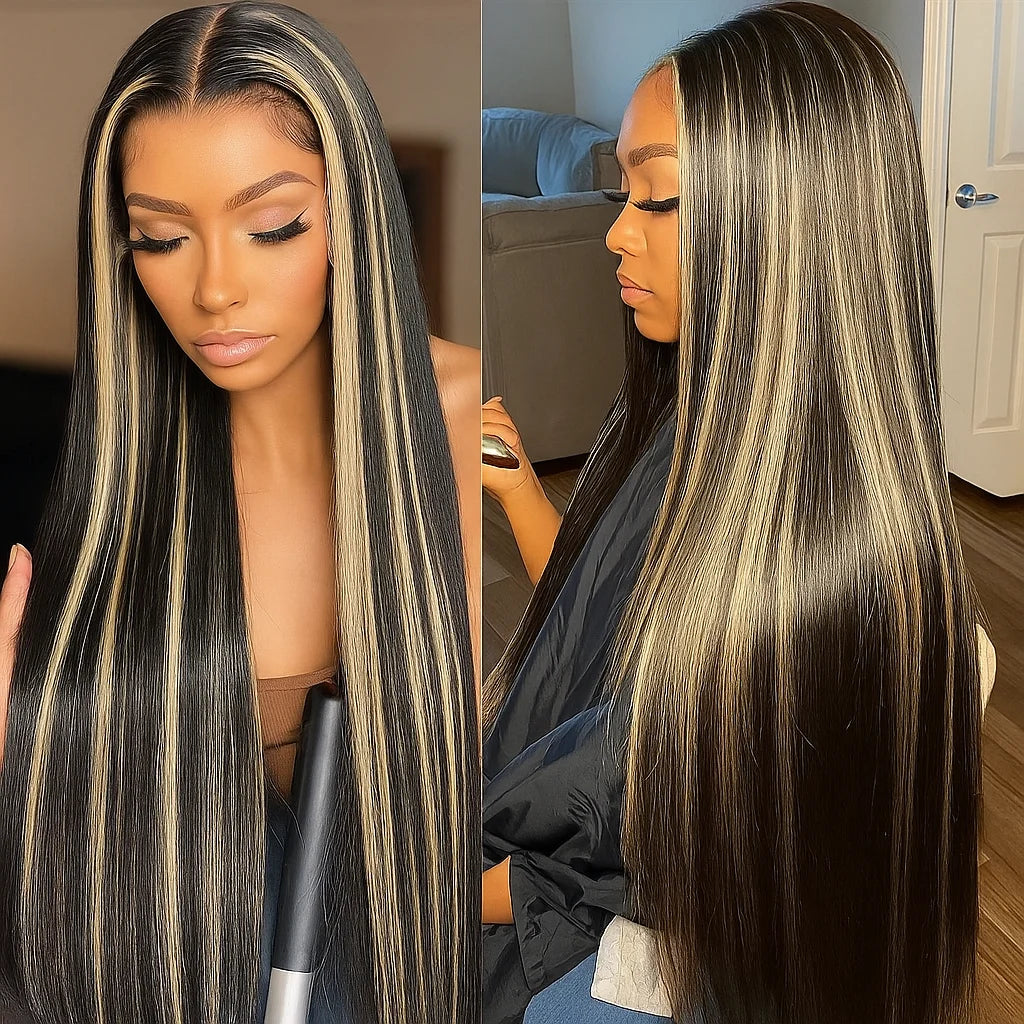 30 Inch Ombre Black With Blonde Highlight 13x4 Bone Straight Wigs Human Hair for Black Women 200 Density 613 Blonde Colored Wigs