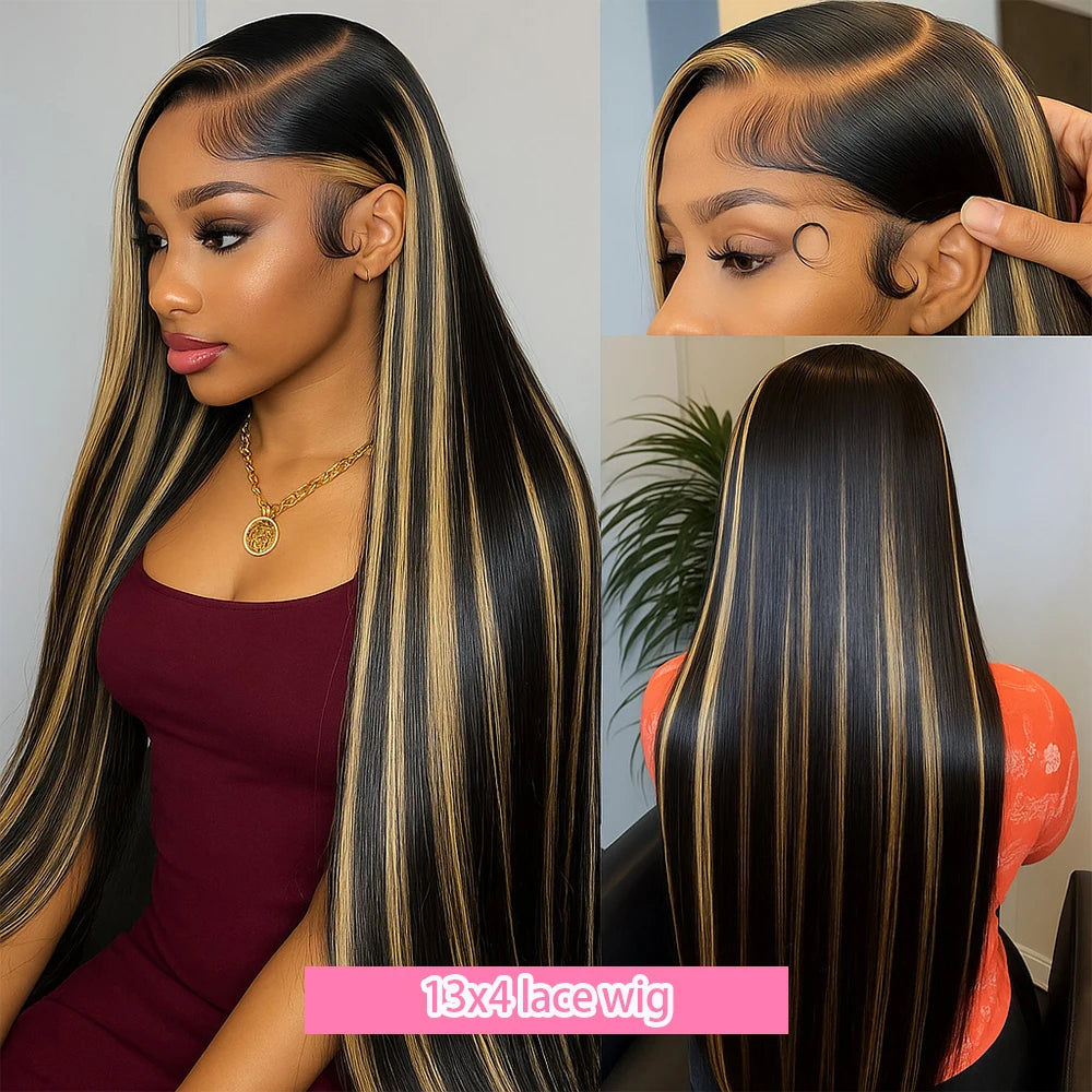 30 Inch Ombre Black With Blonde Highlight 13x4 Bone Straight Wigs Human Hair for Black Women 200 Density 613 Blonde Colored Wigs