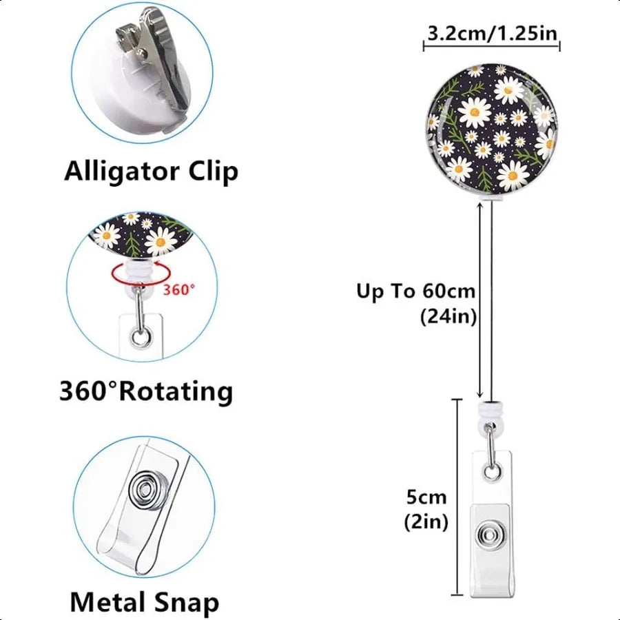 Retractable ID Badge Holder Badge Reels with Clip Name Card Holders for Office Worker Doctor Cute Flowers 3 Pack