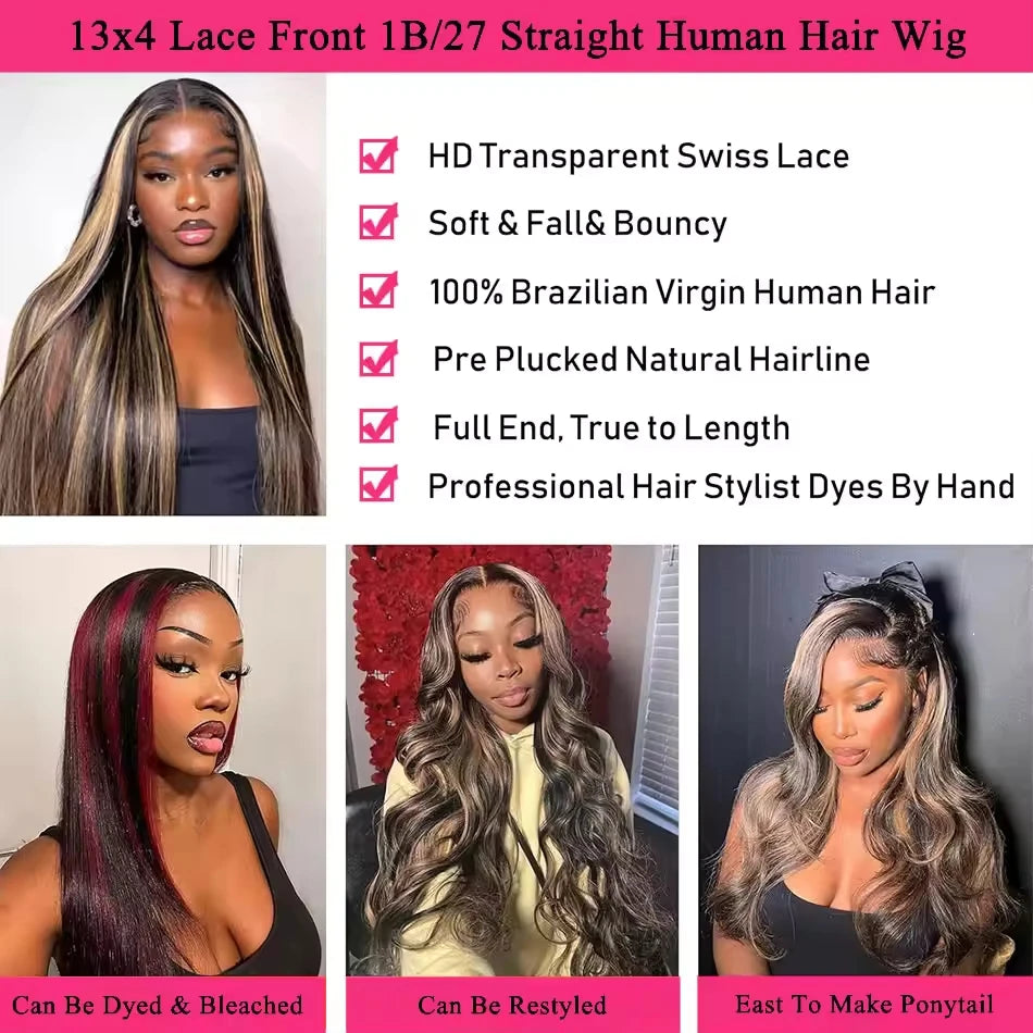 30 Inch Ombre Black With Blonde Highlight 13x4 Bone Straight Wigs Human Hair for Black Women 200 Density 613 Blonde Colored Wigs