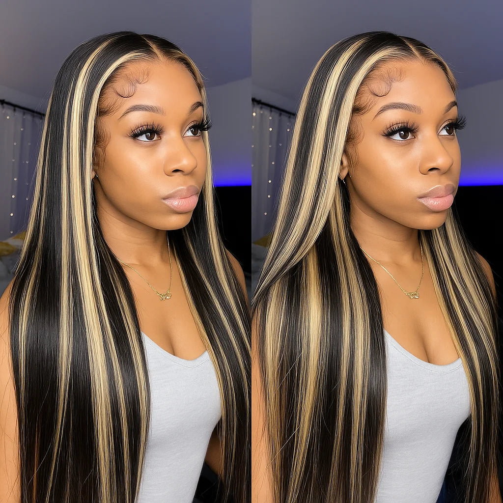 30 Inch Ombre Black With Blonde Highlight 13x4 Bone Straight Wigs Human Hair for Black Women 200 Density 613 Blonde Colored Wigs