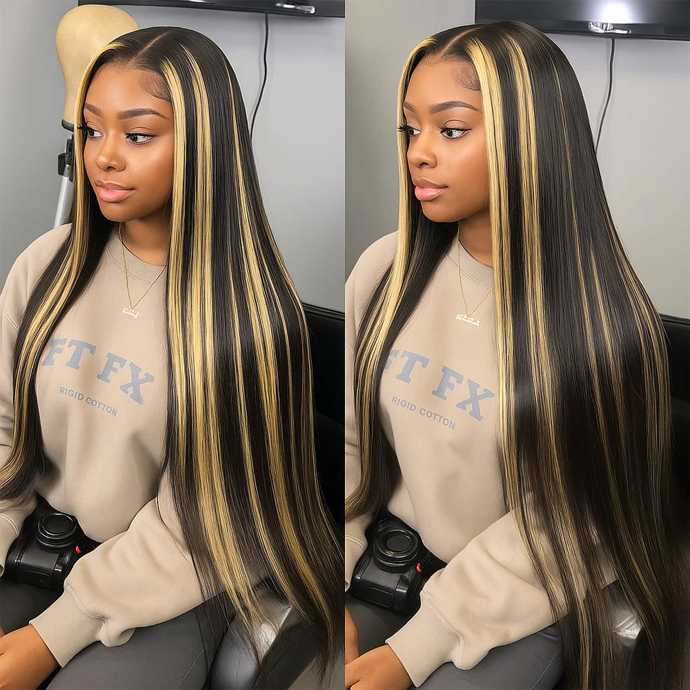 30 Inch Ombre Black With Blonde Highlight 13x4 Bone Straight Wigs Human Hair for Black Women 200 Density 613 Blonde Colored Wigs