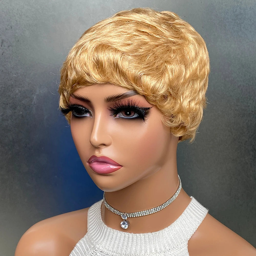 Short Pixie Cut Wigs with Bangs Human Hair Wigs for Women Blonde Color Pixie Wigs for Women Full Machine Made Wigs