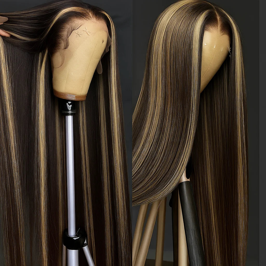 30 Inch Ombre Black With Blonde Highlight 13x4 Bone Straight Wigs Human Hair for Black Women 200 Density 613 Blonde Colored Wigs