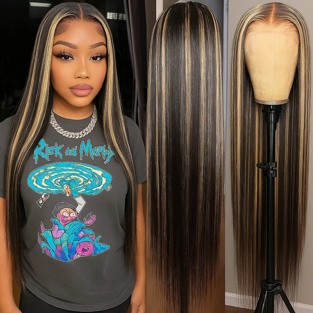 30 Inch Ombre Black With Blonde Highlight 13x4 Bone Straight Wigs Human Hair for Black Women 200 Density 613 Blonde Colored Wigs