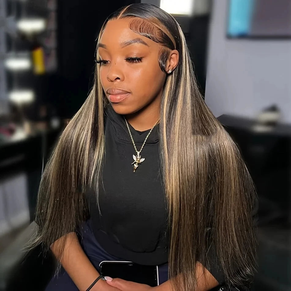 30 Inch Ombre Black With Blonde Highlight 13x4 Bone Straight Wigs Human Hair for Black Women 200 Density 613 Blonde Colored Wigs