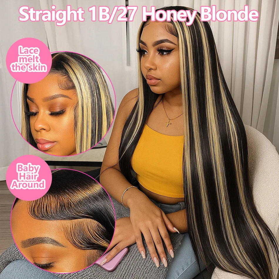 30 Inch Ombre Black With Blonde Highlight 13x4 Bone Straight Wigs Human Hair for Black Women 200 Density 613 Blonde Colored Wigs