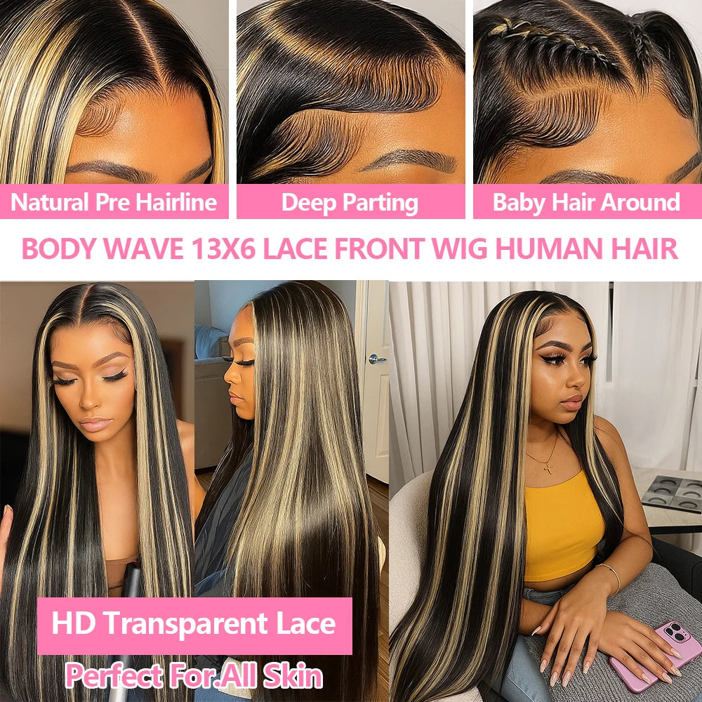 30 Inch Ombre Black With Blonde Highlight 13x4 Bone Straight Wigs Human Hair for Black Women 200 Density 613 Blonde Colored Wigs