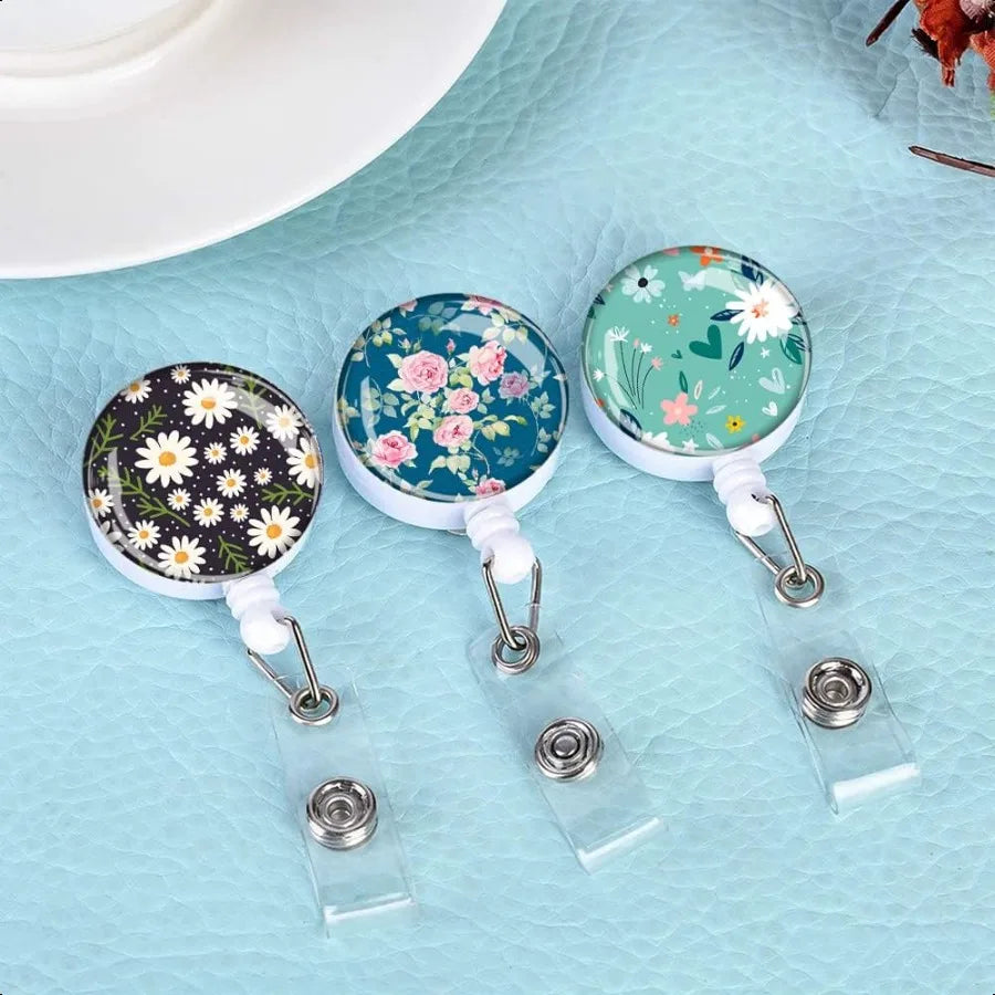 Retractable ID Badge Holder Badge Reels with Clip Name Card Holders for Office Worker Doctor Cute Flowers 3 Pack