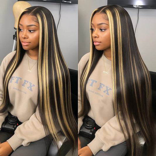 30 Inch Ombre Black With Blonde Highlight 13x4 Bone Straight Wigs Human Hair for Black Women 200 Density 613 Blonde Colored Wigs