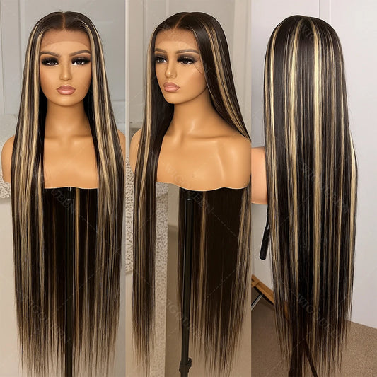 30 Inch Ombre Black With Blonde Highlight 13x4 Bone Straight Wigs Human Hair for Black Women 200 Density 613 Blonde Colored Wigs